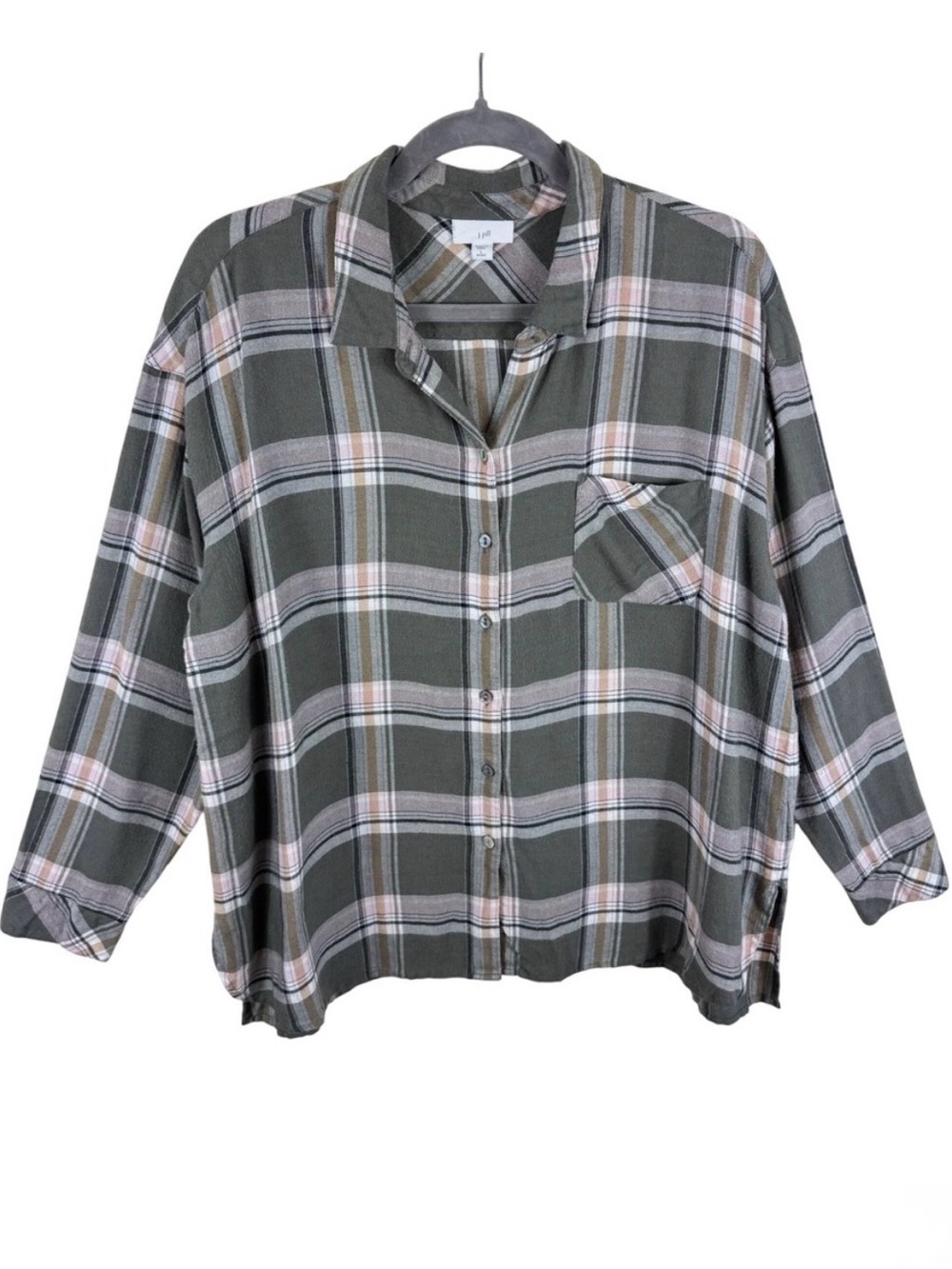 J Jill Olive Green Plaid Button Down Shirt Long Sleeve Petite Large Relaxed Fit